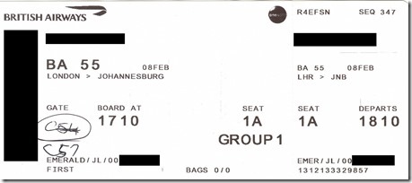 LHR-JNB BAファーストクラス＠2020年2月